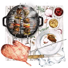 Küchenrückwand glas motiv Grilled Meat Kebab. Watercolor Illustration. © nataliahubbert