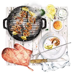 Foto op Canvas Grilled Shrimp Kebab. Watercolor Illustration. © nataliahubbert