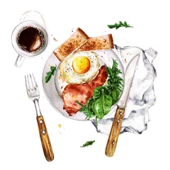 Gardinen Frühstück mit Speck und Ei. Aquarell Abbildung. © nataliahubbert
