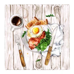 Küchenrückwand glas motiv Bacon and Egg Breakfast. Watercolor Illustration. © nataliahubbert