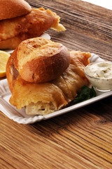 traditional British fish and bread bun consisting of fried fish and mayonnaise