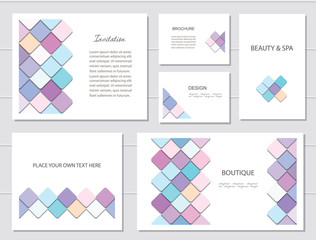 Brochures, flyers and business card templates set. Mosaic fancy pattern in different designs.