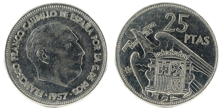 Old Spanish coin of 25 pesetas, Francisco Franco. Year 1957, 75 in the star.