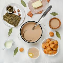 Asian traditional dish. Mongolian, Kalmyk, Buryat, Tibetan, Tuvan tea. Tea with milk, salt, butter,...