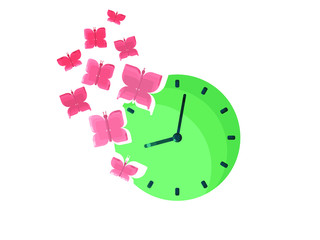 Time to fly. Green clock with pink flying butterflies. Flat vector illustration.