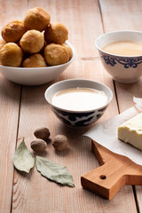 Asian traditional dish. Mongolian, Kalmyk, Buryat, Tibetan, Tuvan tea. Tea with milk, salt, butter, nutmeg, Bay leaf, black pepper. Cuisine of nomadic peoples.