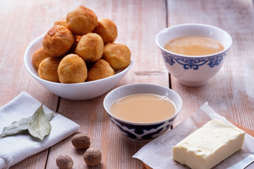 Asian traditional dish. Mongolian, Kalmyk, Buryat, Tibetan, Tuvan tea. Tea with milk, salt, butter,...