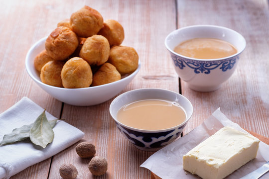 Asian traditional dish. Mongolian, Kalmyk, Buryat, Tibetan, Tuvan tea. Tea with milk, salt, butter, nutmeg, Bay leaf, black pepper. Cuisine of nomadic peoples.