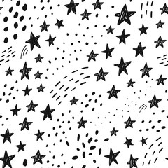 Hand drawn cute kids abstract seamless pattern. Stars space simple black and white background