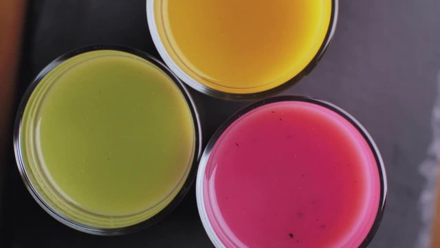 Close-up of various juices and smoothies