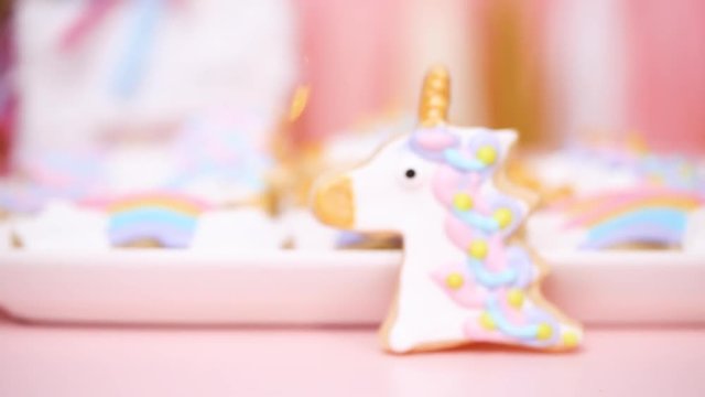 Unicorn sugar cookies decorated with royal icing at the kids birthday party