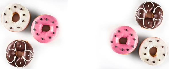 Donuts in different glazes isolated on white background. Birthday bakery concept