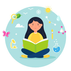 Fototapeta na wymiar Girl Reading a Book. Science, Biology, Stem and Steam Approach Concept Illustration. Vector Design
