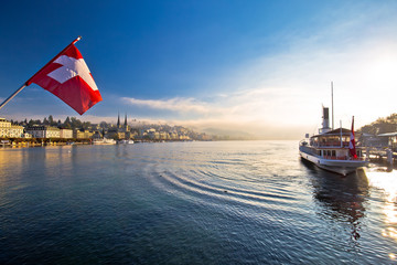 Lucern lake and town waterfront in morning mystic fog view - obrazy, fototapety, plakaty