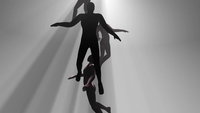 People floating in fog, rising into light beams.3d animation