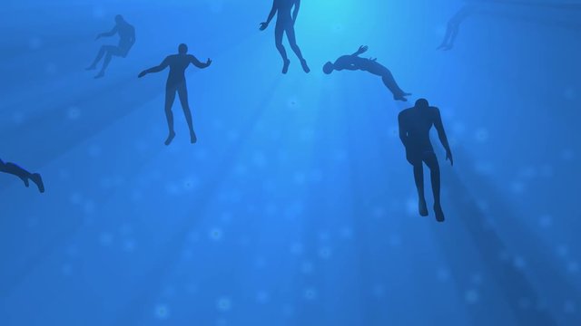 Glowing people, orbs of light in blue fog. Rotating, floating bodies.3d animation. 3d rendering..Moving camera