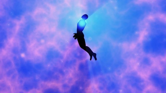Man floating, rising into space, heavens .Astral plane. 3d animation