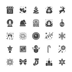 Merry Christmas flat glyph icons. Pine tree, snowflake, bag of presents, party invitation, snowman, lights garlands decoration vector illustrations. Solid silhouette signs pixel perfect 48x48.