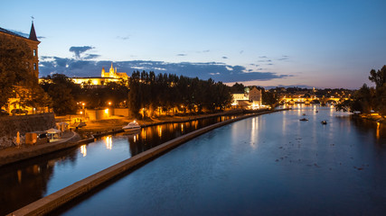 Fototapeta na wymiar Hradcany evening panorama with Prague Castle, Charles Bridge and Vltava River, Prague, Czech Republic.