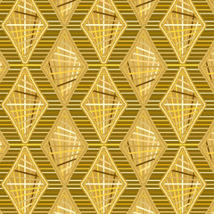 elegant fashionable decorated rhombuses and diamonds in gold colors over horizontal stripe textured golden brown background. golden color palette design for textile, fabric and luxury surface designs
