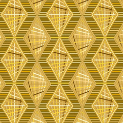 elegant fashionable decorated rhombuses and diamonds in gold colors over horizontal stripe textured golden brown background. golden color palette design for textile, fabric and luxury surface designs