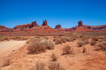 Iconic Southwest US desert brown sandstone monument in the former Bears Ear National Monument located in the Valley of the Gods, Mexican Hat, Utah