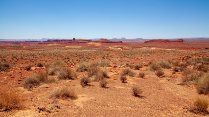 Iconic Southwest US desert brown sandstone monument in the former Bears Ear National Monument located in the Valley of the Gods, Mexican Hat, Utah