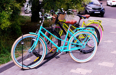 Fototapeta na wymiar parked city vintage bicycles on the streets of Odesa, Ukraine.