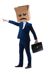 Businessman with box and unhappy face