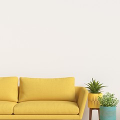 Interior Wall Gallery Mockup with Furniture and Plant Decoration