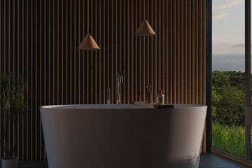 3d rendering of modern bathroom with wood slats and free standing bathtub - obrazy, fototapety, plakaty