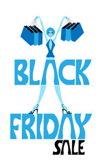Black friday sale logo with shopping woman and paper bags vector