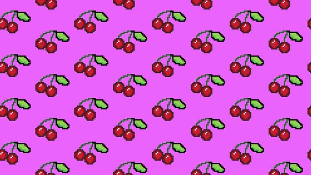 A horizontal scrolling endless pattern: red cherries in pixel art style, pink background.

