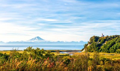 Lighthouse and Volcano on the Cook Inlet in Alaska