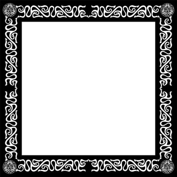 Black square frame with white celtic motives. Vector illustration isolated on white bakground