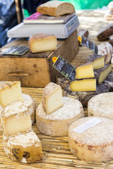Rustic table of French cheeses at a market in Arles, Provence, France