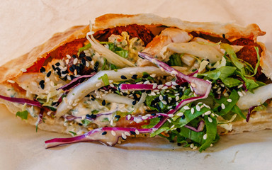 Closeup of open shaurma sandwich