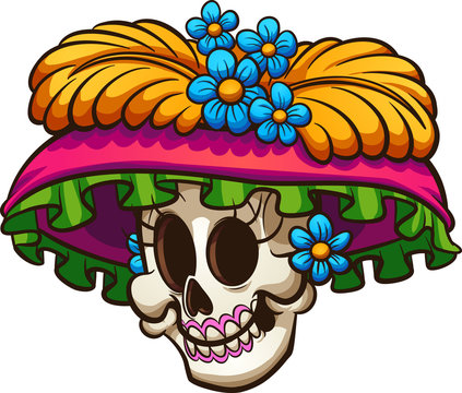 Day Of The Dead Mexican Catrina Skull. Vector Clip Art Illustration With Simple Gradients. All In A Single Layer. 