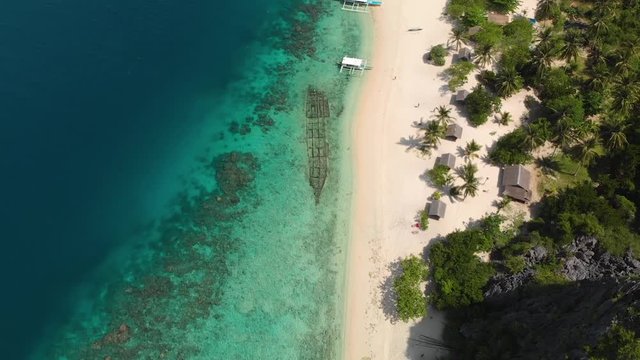 Beautiful aerial drone shot looking down on a shipwreck and paraw boats, in clear blue water near tropical island, the black isle, in Philippines, Asia