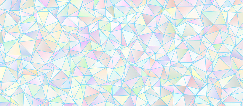 Iridescent Low Poly Triangle Pattern Background. White to Pastel Rainbow. Multicolored Icy Shiny Crystal Texture. Mother-of-pearl Opalescent Sparkling Facets. 