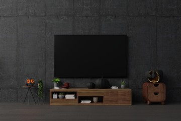 TV on cabinet in room with Halloween party at night, in living room - decorations with lanterns and pumpkins,3D rendering