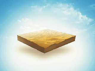 3d ilustracja glebowy plasterek, pustynia, piasek, diuna odizolowywająca na błękitnym niebie - 225429407