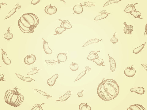 Top view illustration. Painting handwrite fruits and vegetables on kraft paper.