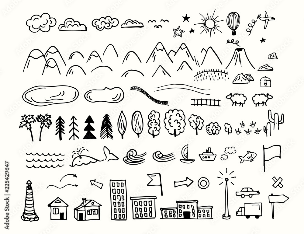 Fototapete drawing doodling map elements. cartoon style collection for create an own unique map. decorative top