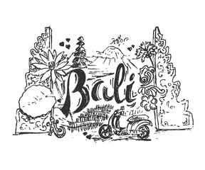 Drawing illustration of Bali island with different cultural elements and places. Hand drawn style picture for postcard. 