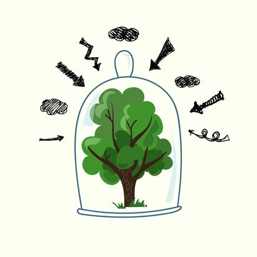 Green tree under a transparent glass dome. Save the forest and nature concept.  Bad influence on the environment. 