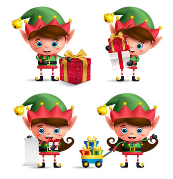 Christmas Elves Vector Characters Set. Cute Kids With Green Elf Costume Holding Gifts And Other Christmas Elements Isolated In White Background. Vector Illustration.
