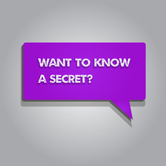 Handwriting text writing Want To Know A Secret question. Concept meaning to divulge a confidential vital information.
