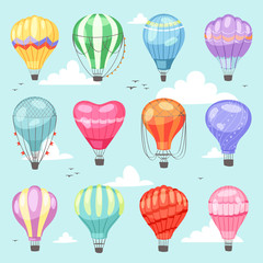 Balloon vector cartoon air-balloon or aerostat with basket flying in sky and ballooning adventure flight illustration set of ballooned traveling flying toy isolated on background