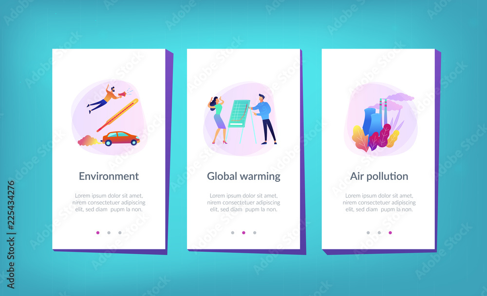 Poster people in panic to announce global heating data. globe with power plant and traffic fumes as a symbo